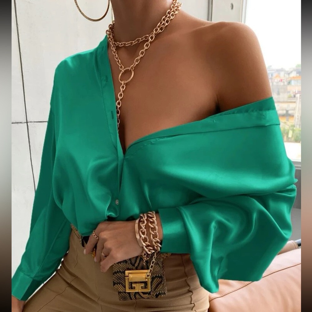 Bishop sleeve button up satin shirt